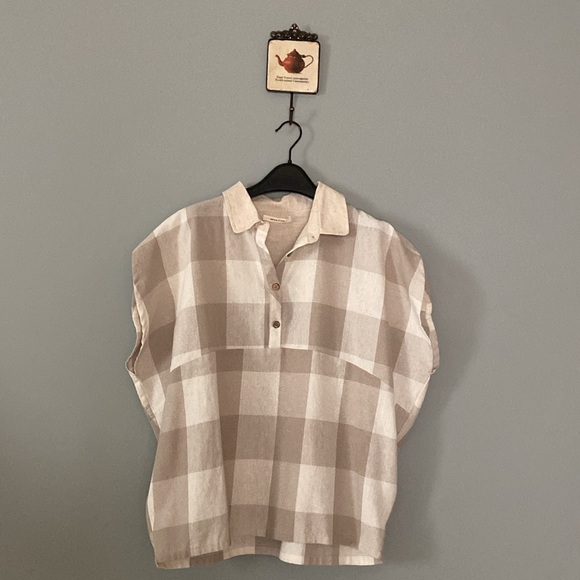 Moss Club Oversized Ball Style Cap Sleeves Checked Linen Shirt - Picture 1 of 5